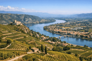 the Rhône Valley with its vineyards, the river and a typical village