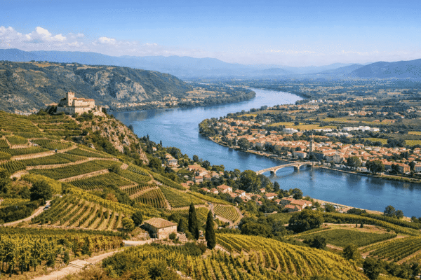 la vallée du Rhône avec ses vignes, le fleuve et un village typique